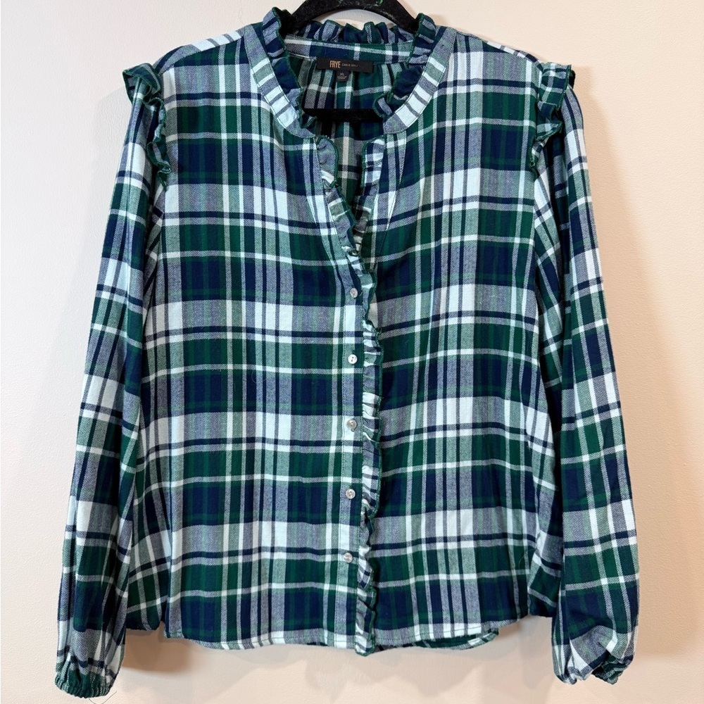 🔥NWOT Frye Ruffled Plaid Button-Front Blouse - Green & Navy Size XL🔥